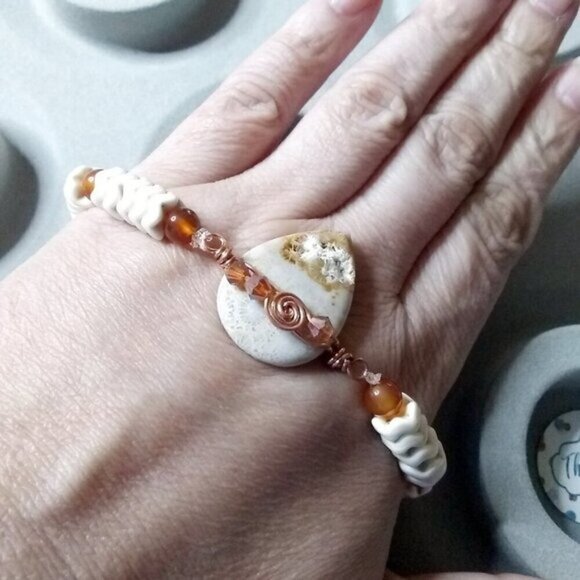 Rustic!!! Wire Wrapped Fossilized Coral Rock Teardrop Focal + Orange Agate Beads - Picture 3 of 12